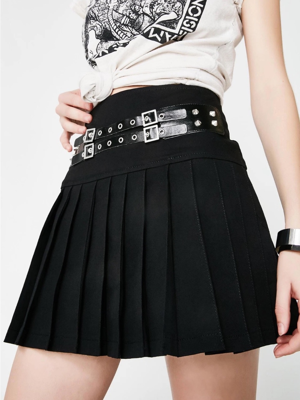 Royal Bones Black Pleated Mini Skirt with Double Buckle Waistband